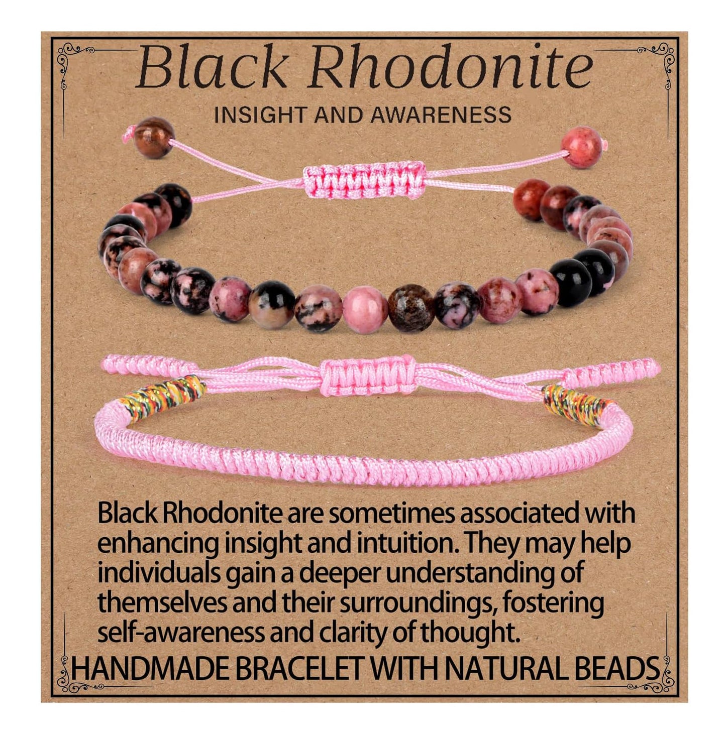 LPBeads 6mm Pink Black Rhodonite Bracelet with Handmade Rope Bracelet Size Adjustable Natural Stone Crystal Healing Bracelets Gifts for Unisex Adults