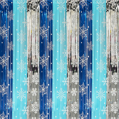 3 Pack Winter Themed Party Foil Fringe Curtain Backdrop 3.28x6.56ft,Snowflake Birthday Party Winter Photo Booth Prop Backdrop for Princess Birthday Party Christmas Winters Wonderland Decorations