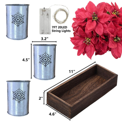 HEMYLU Poinsettias Artificial Christmas Flowers with LED Lights, Red Xmas Table Centerpiece in Pots and Wood Box for Decoration