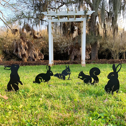 RealSteel Metal Garden Animal Sculptures & Statues – Bunny & Squirrel Yard Art Stake Pack – Outdoor Lawn & Flowerbed Decor – Weather-Resistant Steel Garden Decorations – Gift for Gardeners – Black
