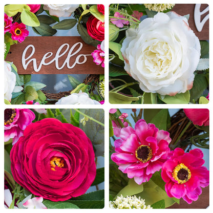 Pinkpuii Spring Wreaths for Front Door Outside– 24 Inch Spring Summer Wreath with Vibrant Pink Peony,Tulip & White Rose Flowers and Hello Wooden Sign,Ideal for Farnhouse Porch,Wall,Window Décor