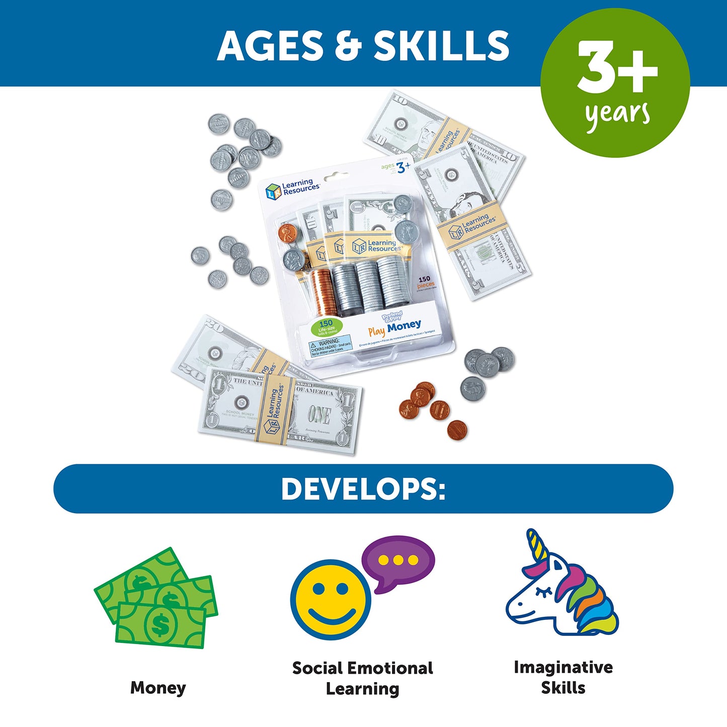 Learning Resources Pretend Play Money - Math Manipulatives For Kids, Kids Bank, Plastic Coins, Cash Register, Toddler , Homeschool Supplies, Fine Motor Skills, Teaching Set Manipulatives