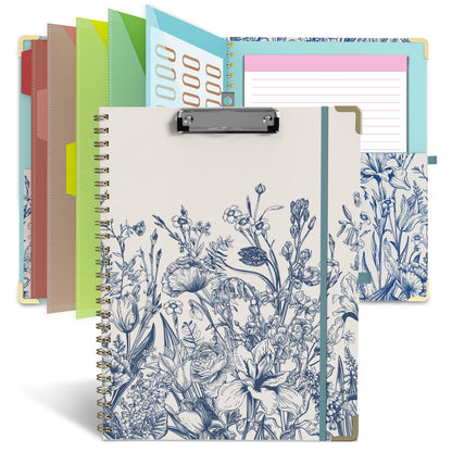 Foldable Clipboard Folio with Storage, 5 Plastic Folders with 10 Pockets,Refillable Lined Notepad (11" x 8.5"), Hardcover Project Organizer Nursing Teacher School Essentials