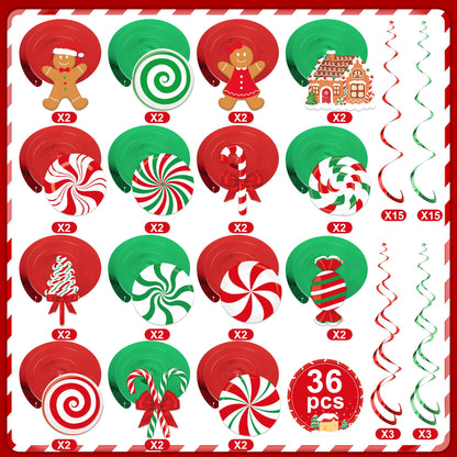 36 PCS Christmas Hanging Swirls Decorations Pre-Strung Candy Gingerbread Man Hanging Streamers Christmas Red Green Candies Gingerbread House Ceiling Swirl Streamer for Xmas Holiday Party Home Decor
