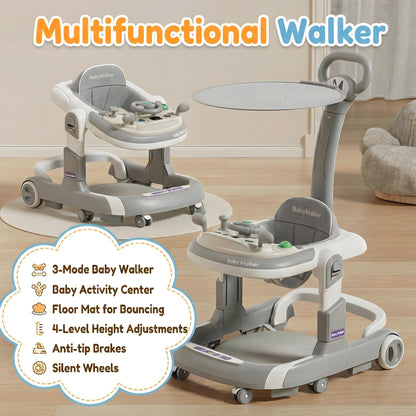 3-in-1 Foldable Baby Walker - Music Car-Themed Walker with Wheels and Bouncing Foot Mat, Push-Behind Walker, Baby Walker with Sheds Design for Outdoor, for Infant Boys & Girls 6-18 Months (Grey)