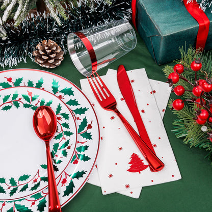 WDF 175Pcs Disposable Christmas Plates & Napkins - 25 Dinner & Dessert Plates, 25 Utensils, 25 Cups, 25 Christmas Napkins