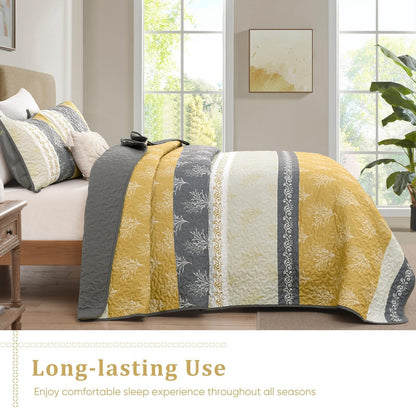 DJY Yellow Boho Quilt Set Queen Size, Striped Floral Yellow and Grey Bedspread Coverlet, 3 Pieces Patchwork Stripe Quilt Bedding Set Soft Microfiber Reversible Bedspread for All Season (96"x90")