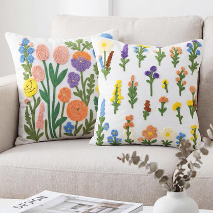 Gilprop 2 Pcs Embroidered Throw Pillow Covers Boho Square Pillow Covers Floral Spring Leaf Plant Cushion Cases for Bed Couch Sofa Bedroom Living Room Home Decor(Flowers,18 x 18 Inches)