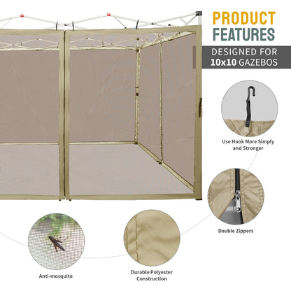 CROWN SHADES Gazebo Mosquito Net Only for 10 x 10 Pop Up Canopy - Patio Gazebo Replacement Mesh Sidewall with Zipper for Outdoor Tent, Garden and Backyard (4-Piece,Khaki)