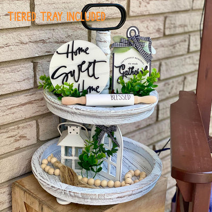 Houmury Set of 17 Farmhouse Tiered Tray with 1 Lantern Artificial Plant& Cutting Board Sign for Rustic Home Sweet Home Kitchen Decor Tier Tray Decor Set
