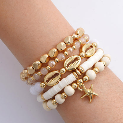 GOOJIDS Surfer Heishi Clay Bead Bracelets for Women Starfish Stackable Gold Plated Beaded Stretch Bracelets Elastic Layering Friendship Bracelets Set Jewelry