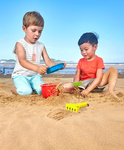 Hape Beach Basics Sand Toy Set Including Bucket Sifter, Rake, and Shovel Toys| Sand Toy Playset for Toddlers 18M+