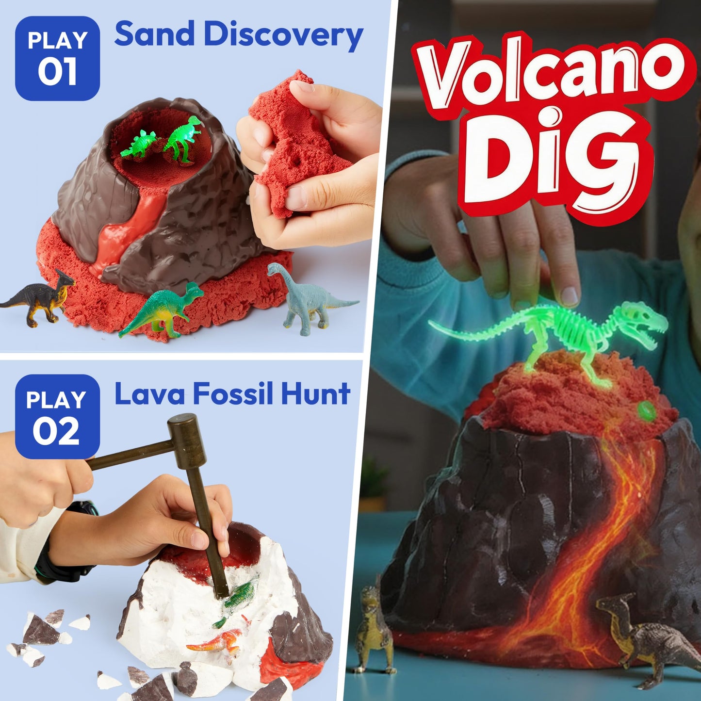 JOVA Klever Kits 3-in-1 Dinosaur Fossil Digging Kit STEM Learning Toys with Glow in The Dark Dinosaurs and Sensory Play Sand, DIY Your Own Dinosaur with 5 Color Clay, Gift for Kids Aged 6+