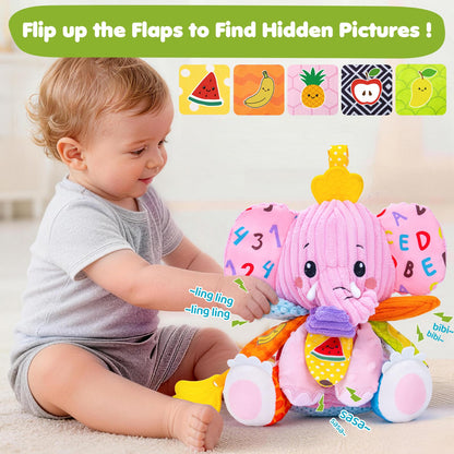Baby Girl Toys 0-6 6-12 Months, Sensory Musical Toddler Toy for 3 4 5 6 7 8 9+ Months, Pink Elephant Plush Infant Toy with Teether, Crinkle, Rattle Baby Mirror for Tummy Time Newborn