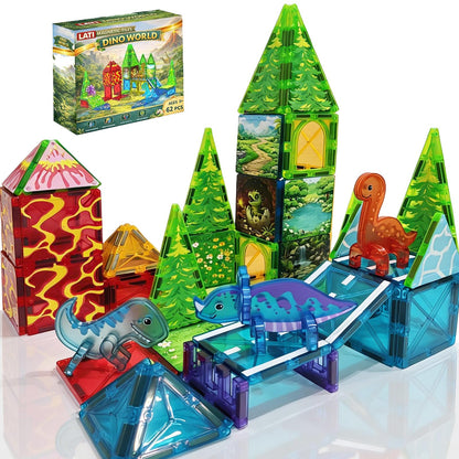 LATI Magnetic Tiles Dinosaur Building Set, Dino World Magnet Blocks with Double-Sided Egg Hatch Story, STEM Construction Toy for Kids Ages 3+, Educational Gift for Boys & Girls