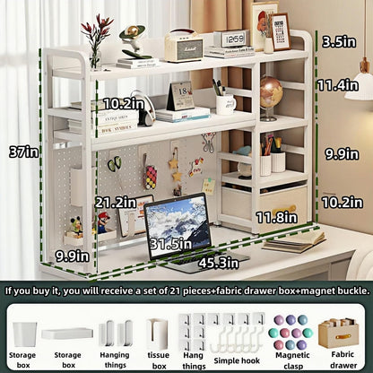 Desktop Bookshelf, pegboard Storage and Organization Rack, Dorm Desk Shelf, Desk Hutch, Desktop Storage for Office, Study, Student Display Rack,Desktop Shelves (White 45.3" Lx9.9 Wx37 H)