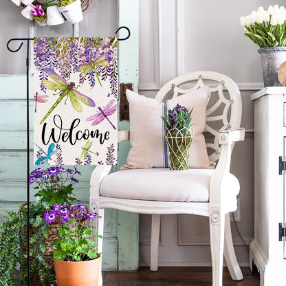 Baccessor Spring Summer Flower Garden Flag Wisteria Dragonfly Floral Welcome Small Yard Flag Burlap Double Sided Vertical Seasonal Farmhouse Wedding Outside Outdoor Decoration 12.5x18 Inch