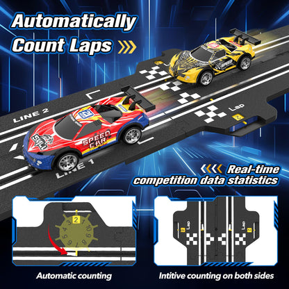 3-in-1 Slot Car Race Track Sets with 4 High-Speed Cars, Electric Track, Dual Racing Game with Lap Counter & 2 Controllers, and Circular Overpass Design – Toy Gift for Boys Kids Ages 4-6 6-8 8-12