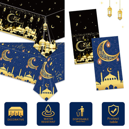 2PCS Eid Mubarak Tablecloths Ramadan Mubarak Table Cloths Eid Al-fitr Disposable Table Cover Islamic Eid Mubarak Decorations Moon Star Lantern Plastic Rectangle Tablecloth for Dinner Picnic 54"x108"