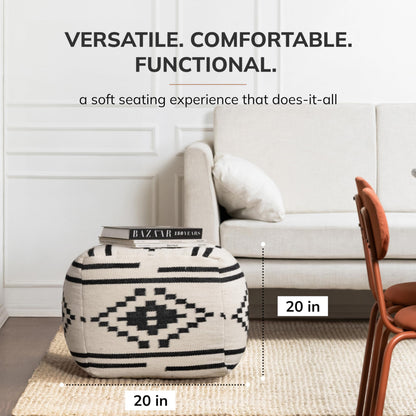 Anji Mountain Pouf Ottoman Foot Rest, Handmade Ottoman Pouf, Comfortable Foot Stool, Decorative Floor Seating for Living Room Decor, Bedroom & Home Décor Accent - Carbon Ikat