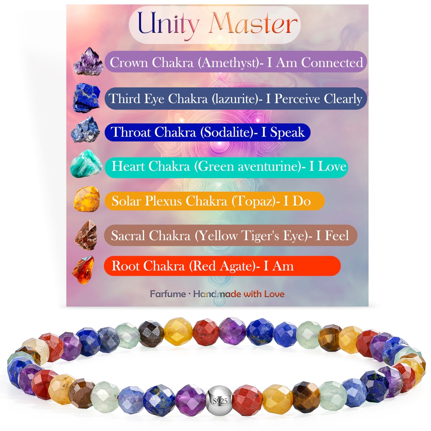 Farfume Chakra - Balance & Harmony - Beaded Bracelets for Women,Handmade Natural Stone 4mm Beads 925 Sterling Silver Stretch Bracelets, Chakra Crystal Gemstone Jewelry Gifts for Mom