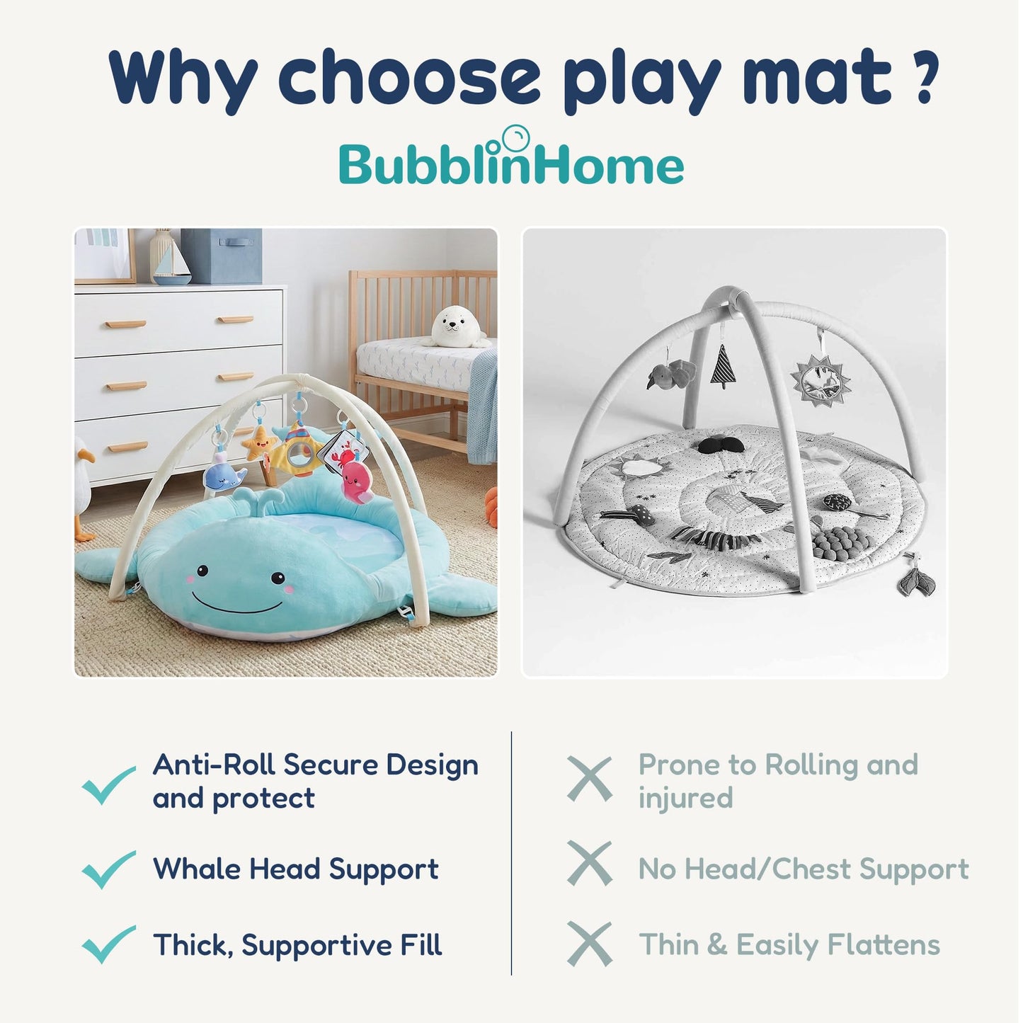 BubblinHome Baby Play Mat, Whale Tummy Time Mat with Toys, Baby Activity Gym for Infants 0–12 Months Sensory Floor Mat for Boys & Girls