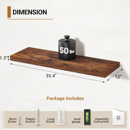 Vivelove 36" Floating Shelves for Wall, 12 inch Deep Display Shelves with Invisible Brackets, Long Shelf for Living Room Bedroom, Farmhouse Rustic Shelves Home Decor, Set of 2, Rustic Brown