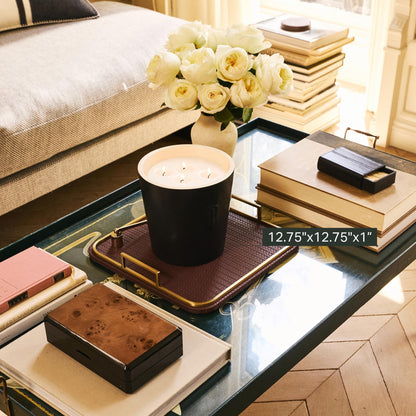 Preston Lane Mayfair Decorative Tray – Vegan Leather with Woven Texture, Brushed Brass Handles – Serving, Dresser & Coffee Table Tray, Espresso