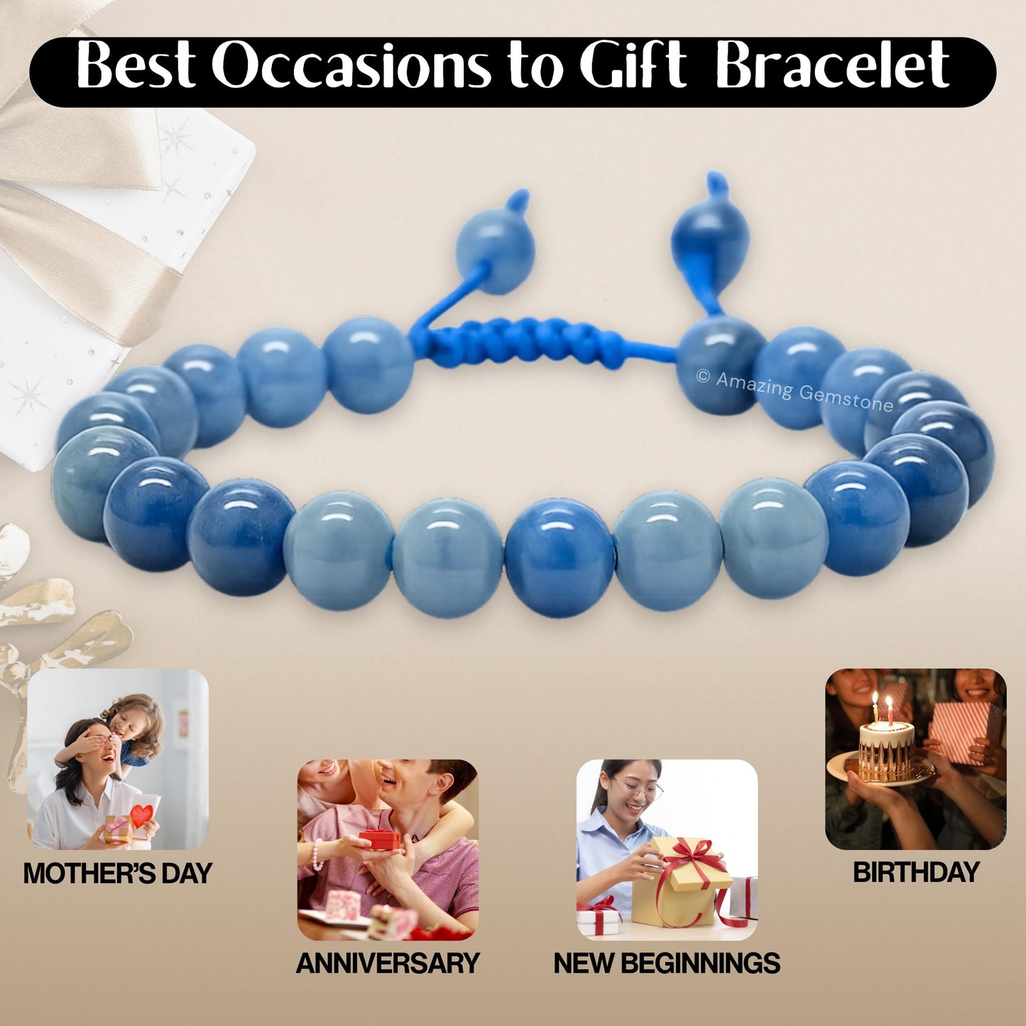 Amazing Gemstone Blue Aventurine Bracelet for Women Men's Gifts - Protection Healing Crystal Bracelet - 8mm Gemstone Beaded Adjustable Bracelet Pulseras Para Hombres Mujer Stocking Stuffers