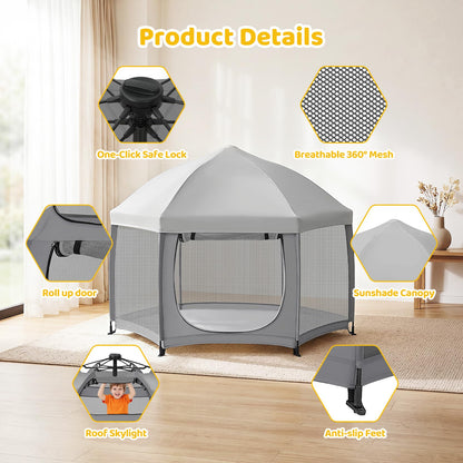 Dripex Pop Up Playpen for Babies and Toddlers with Built-in Pad & One-Click Safe Lock,Foldable Indoor/Outdoor Playpen with Roll-Up Door &Top Mesh Window, Portable Travel Play Pen &Baby Beach Tent,Grey