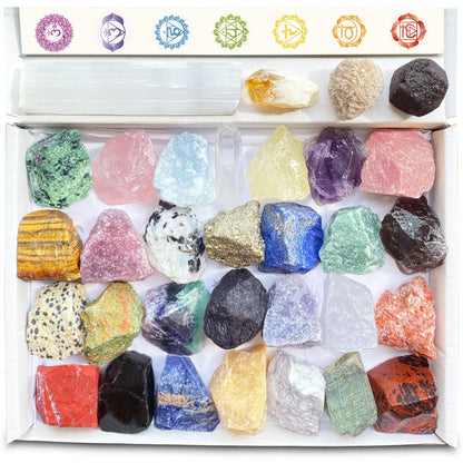32 Natural Crystals and Healing Stones with Guide, Real Raw Crystals Set for Crystal Healing, Chakra, Meditation, Home Decor, Bulk Rough Stone Collection