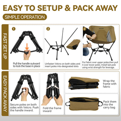 MARCHWAY Lightweight Folding Camping Chair, Portable Foldable Compact for Outdoor Camp, Travel, Beach, Picnic, Festival, Hiking, Backpacking, Supports 330Lbs (Khaki)