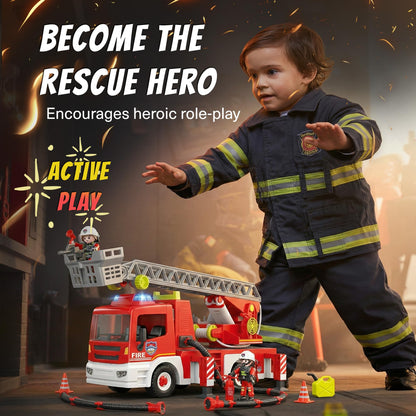 Tiny Force Toy Ladder Fire Truck Toy – Firefighter Fire Truck with Extendable Fire Ladder, Toy Truck for Kids, Perfect Firefighter Gift for Pretend Play Fun