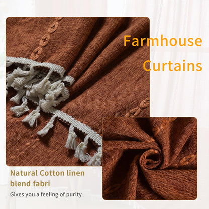 Schweek Terracotta Boho Curtains 84 Inch Length Burnt Orange Farmhouse Curtains for Living Room 2 Panels, Linen Bohemian Tassel Rust Rustic Curtain Drapes