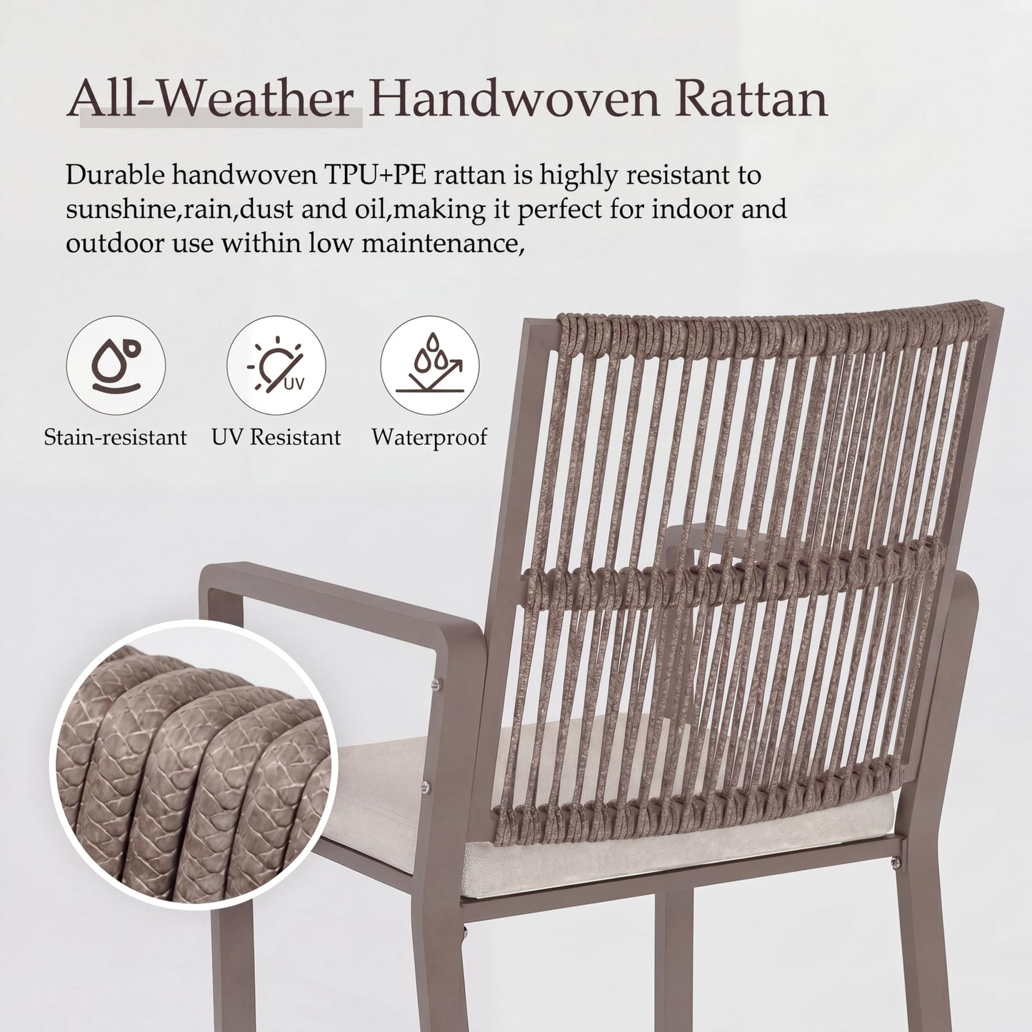 Coreporch Outdoor Patio Wicker Rattan Dining Chairs, Heavy-Duty Wrought Iron Frame Supports 400lbs, Ergonomic Backrest, Detachable Breathable Cushion, for Garden & Porch, Light Brown, Set of 2