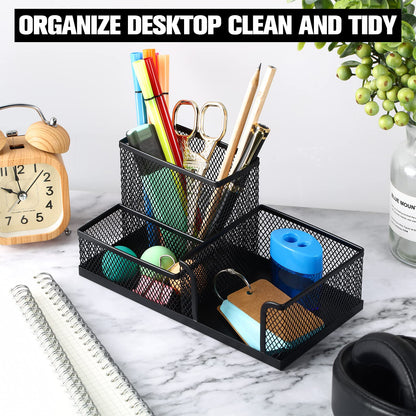 Ferraycle 4 Pcs Mesh Desk Organizer 3 Compartments Mesh Pen Holder Sticky Notes Pencil Holder Metal Caddy Desk Pen Organizer for Desktop Accessories Storage Baskets Home Office School(Black)
