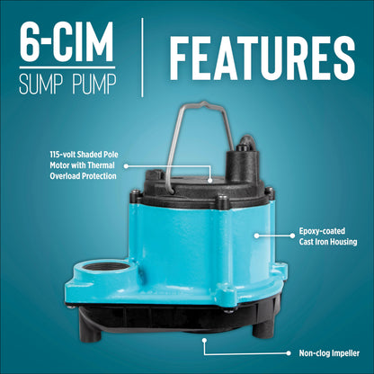 Little Giant 6-CIM-R 115-Volt, 1/3 HP, 2750 GPH Manual (No Switch) Submersible Sump Pump for Sump Systems and General Dewatering, 10-Ft. Cord, Blue, 506271