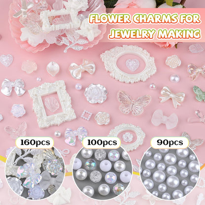Kikonoke 350 Pieces 3D Resin Rose Flower Bows Butterfly Embellishments Angel Charms Picture Frame with Flatback Pearl Beads for Craft DIY Making Supplies (White)