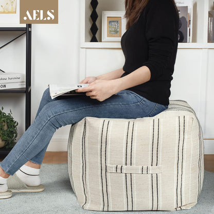 AELS Unstuffed Farmhouse Pouf Cover for Living Room, Boho Storage Bean Bag Cubes, Beige with Black Stitch Yarn Dyed Stripe Square Ottoman Pouf Foot Rest Footstool, 18"x18"x18", Cover ONLY