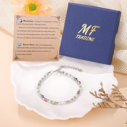MFTRADING Moonstone Beaded Bracelet for Women - Adjustable Silver Boho Healing Crystal Jewelry Graduation Gift for Sister, Daughter, Niece, Mom