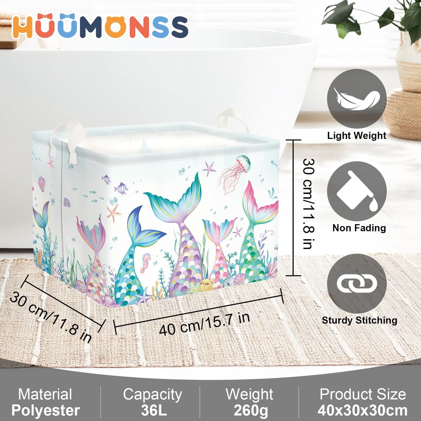 HUUMONSS Fantasy Princess Laundry Hamper Colorful Large Storage Basket Collapsible Parents Organizer Kids Toy Clothes Bins for Bedroom, Bathroom, Mermaid, 36L