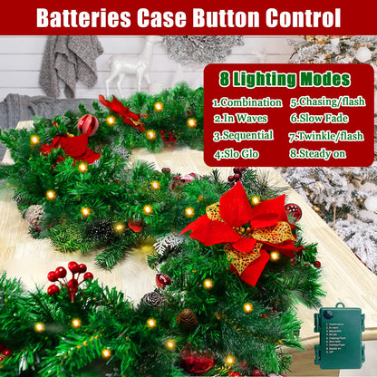 9FT Christmas Garland with 100 Lights Battery Operated,Artificial Prelit Garlands with Red Balls,Pine Cones,Cedar Branches,Christmas Decorations for Stairs Outdoor Indoor Holiday Home Fireplace Decor