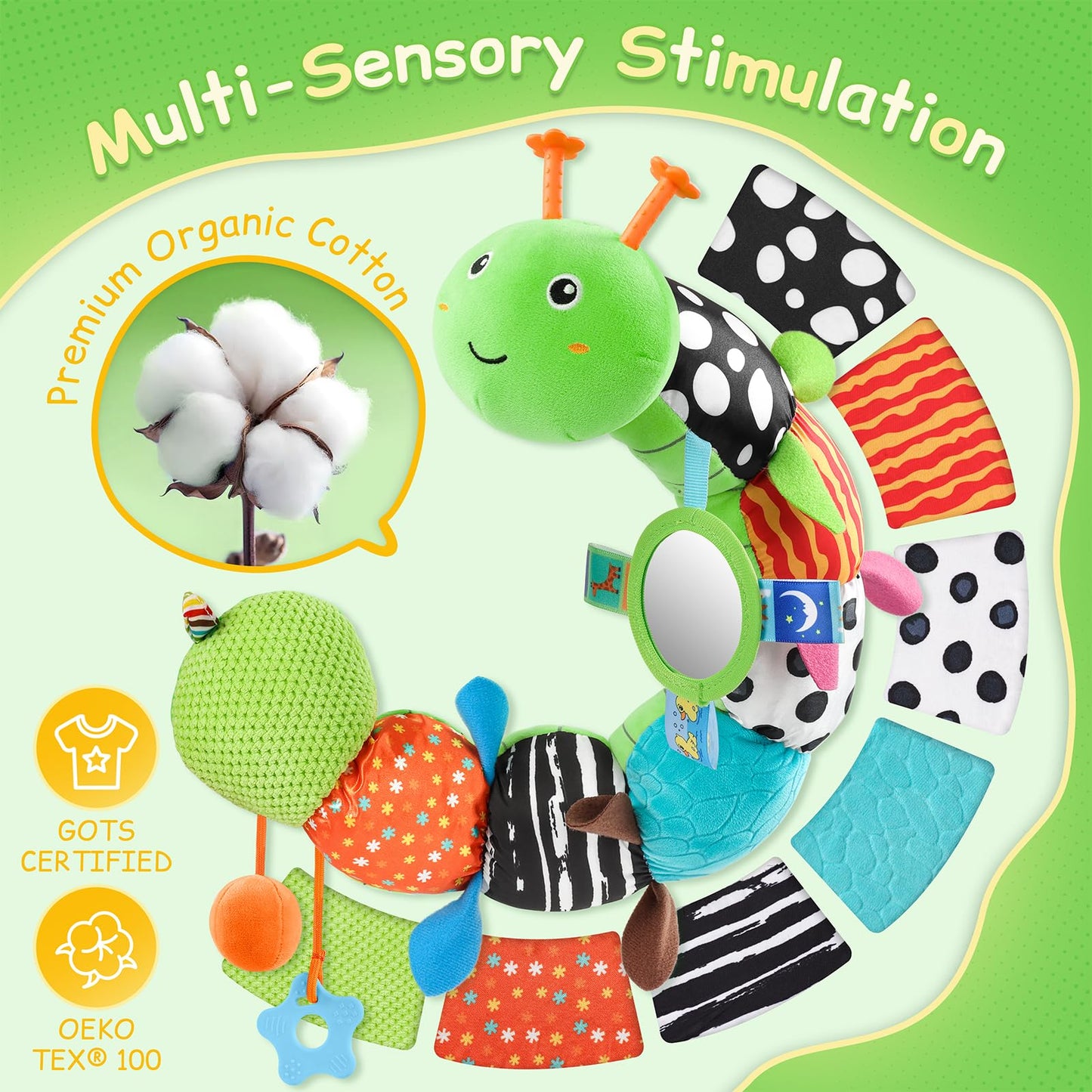 Tummy Time Baby Toys Sensory Musical Animal Stuffed Car Seat Toy for Infant 0-3-6-12 Months Newborn, Plush Caterpillar with Mirror,Crinkle,Rattle Teething Toys for Baby Boys Girls Shower Gifts, Green