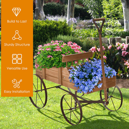 Goplus Wagon Planter, Decorative Wooden Garden Planter with Wheels, 2 Planting Sections and Adjustable Handle, Indoor Outdoor Backyard Balcony Decor (Brown)