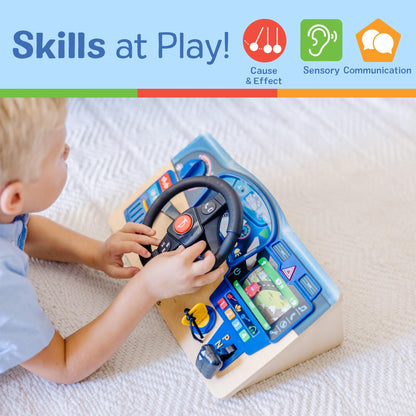 Melissa & Doug Vroom & Zoom, Interactive Wooden Dashboard, Racing Car Steering Wheel Toy, Lights & Sounds, Preschool Learning Toys for Girls & Boys 3+ - FSC Certified