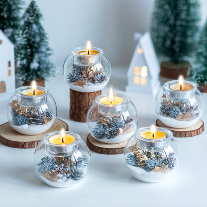 Hewory Christmas Tealight Candle Holders: Set of 6 Glass Ball Tea Light Candle Holder with Golden Leaves and Needles, Christmas Table Decorations for Dinner Centerpiece Holiday Party Fireplace Mantle