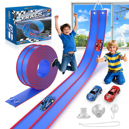 DKOXT 15 Ft Flexible Race Track for Kids, DIY Car Track Set with 2 Toy Cars & 3 Suction Cup Ramps, Easter Basket Stuffers for Teens & Boys Girls, Creative Easter Gifts for Kids, Blue