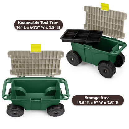 Rolling Garden Cart with Seat - Plastic Storage with Bench and Interior Tool Tray - Gardening Stool for Weeding and Planting By Pure Garden (Green)