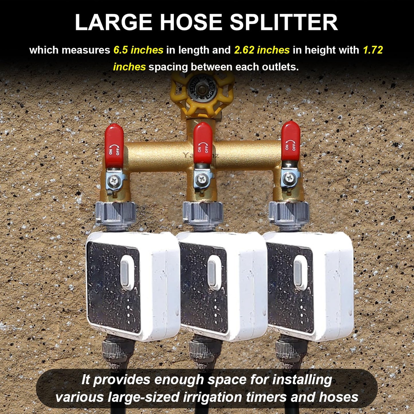 Heavy Duty Brass Garden Hose Splitter 3-Way,3/4" GHT Thread, High Flow Faucet Splitter, Water Hose T Spigot Splitter with Shut-off Valves,Water Adapter & Connector-Long Red Metal Handle