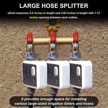 Heavy Duty Brass Garden Hose Splitter 3-Way,3/4" GHT Thread, High Flow Faucet Splitter, Water Hose T Spigot Splitter with Shut-off Valves,Water Adapter & Connector-Long Red Metal Handle